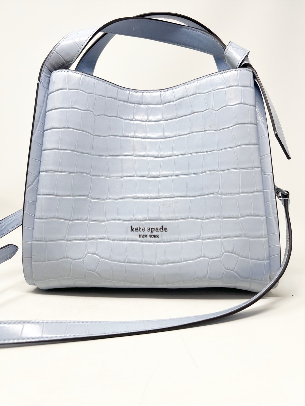 KATE SPADE KNOTT CROC EMBOSSED LEATHER BLUE REMOVABLE CROSSBODY STRAP PURSE - Picture 2 of 11